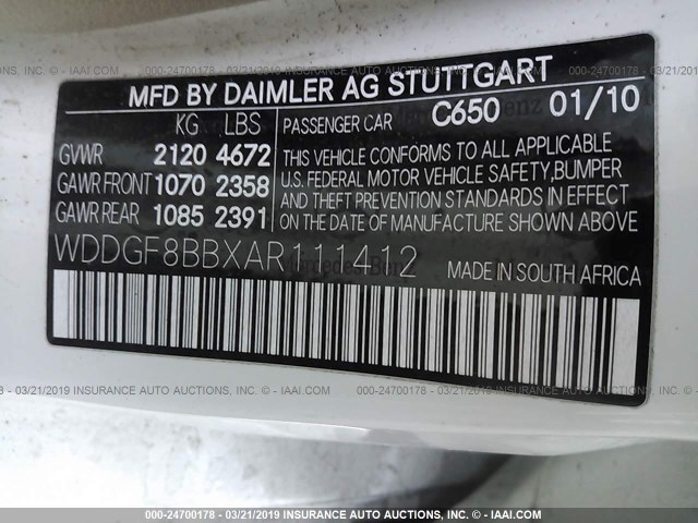 WDDGF8BBXAR111412 - 2010 MERCEDES-BENZ C 300 4MATIC WHITE photo 9