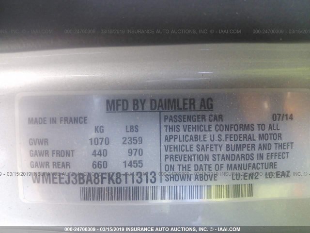 WMEEJ3BA8FK811313 - 2015 SMART FORTWO PURE/PASSION SILVER photo 9