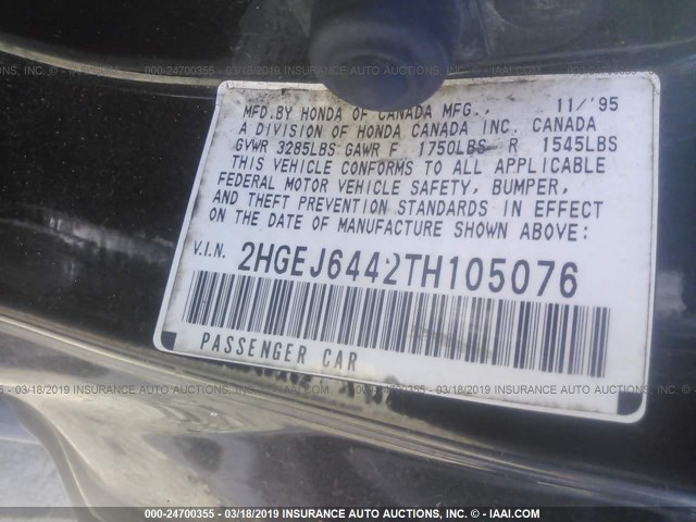 2HGEJ6442TH105076 - 1996 HONDA CIVIC DX BLACK photo 9