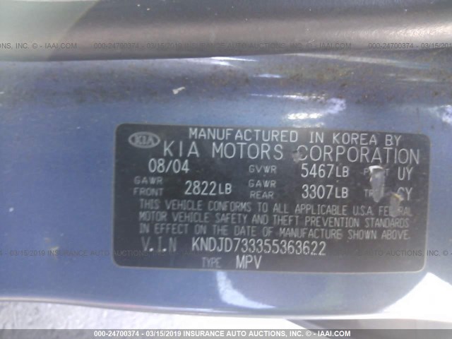 KNDJD733355363622 - 2005 KIA SORENTO EX/LX BLUE photo 9