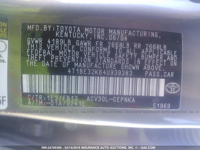 4T1BE32K64U939383 - 2004 TOYOTA CAMRY LE/XLE/SE GRAY photo 9