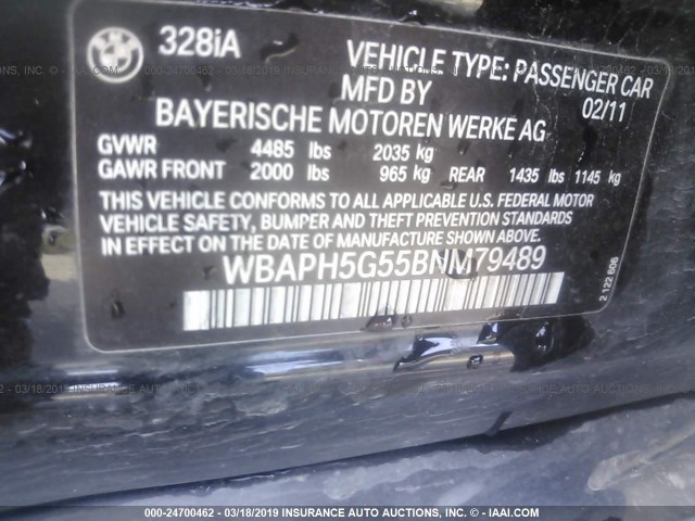 WBAPH5G55BNM79489 - 2011 BMW 328 I SULEV BLACK photo 9