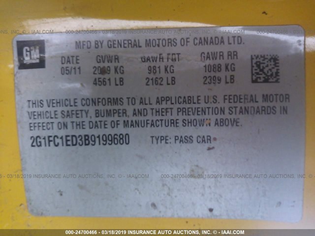 2G1FC1ED3B9199680 - 2011 CHEVROLET CAMARO LT WHITE photo 9