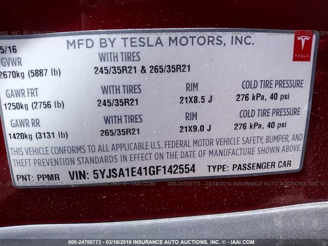 5YJSA1E41GF142554 - 2016 TESLA MODEL S Կարմիր լուսանկար 9