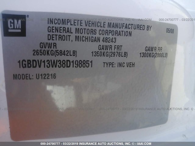 1GBDV13W38D198851 - 2008 CHEVROLET UPLANDER INCOMPLETE WHITE photo 9