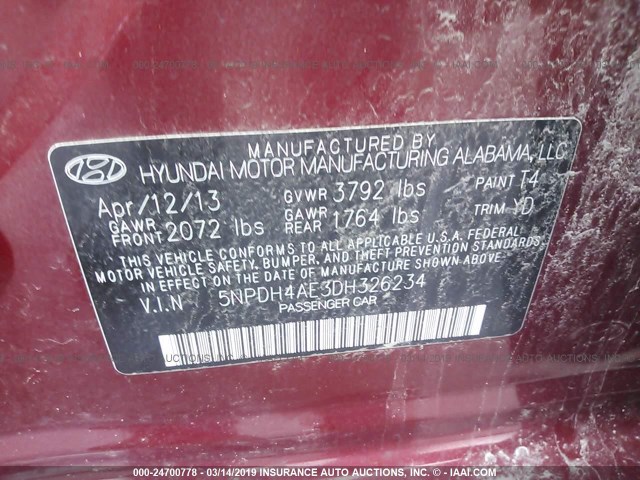 5NPDH4AE3DH326234 - 2013 HYUNDAI ELANTRA GLS/LIMITED RED photo 9