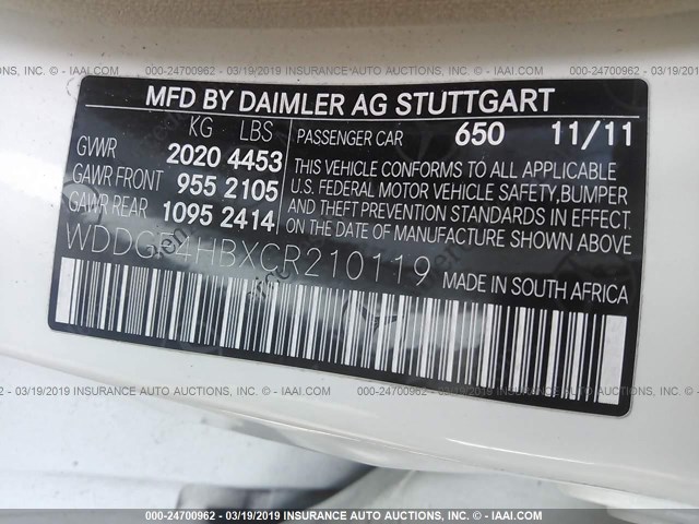 WDDGF4HBXCR210119 - 2012 MERCEDES-BENZ C 250 WHITE photo 9