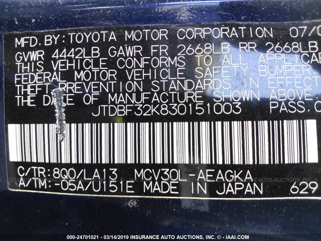 JTDBF32K830151003 - 2003 TOYOTA CAMRY LE/XLE 蓝色 照片 9