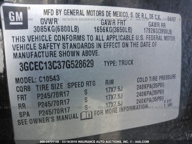 3GCEC13C37G528629 - 2007 CHEVROLET SILVERADO C1500 CREW CAB BLACK photo 9