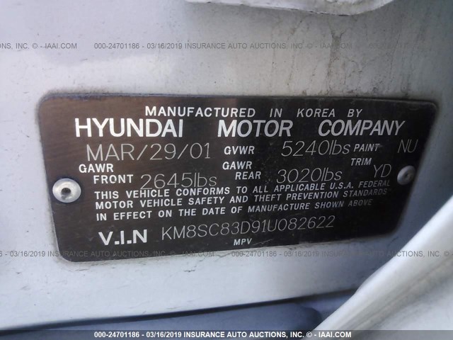 KM8SC83D91U082622 - 2001 HYUNDAI SANTA FE GLS/LX WHITE photo 9