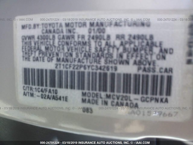 2T1CF22P6YC342619 - 2000 TOYOTA CAMRY SOLARA SE/SLE GRAY photo 9