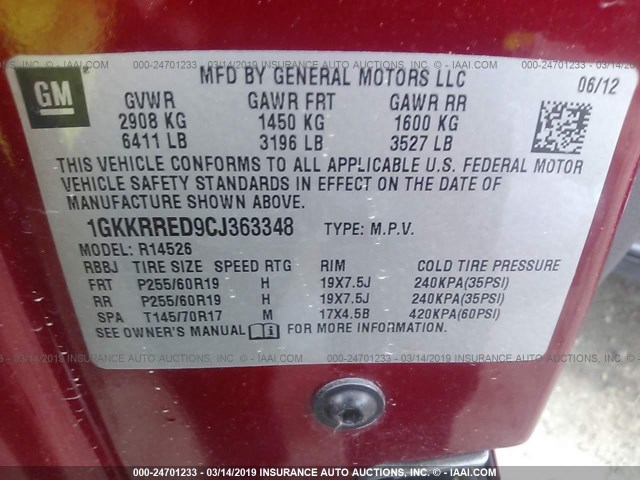 1GKKRRED9CJ363348 - 2012 GMC ACADIA SLT-1 RED photo 9