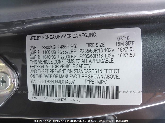 5J8TB3H36JL014607 - 2018 ACURA RDX GRAY photo 9