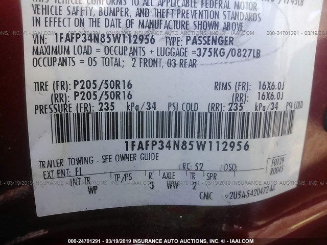 1FAFP34N85W112956 - 2005 FORD FOCUS ZX4 RED photo 9