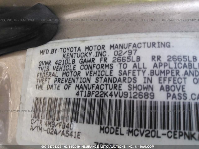 4T1BF22K4VU912689 - 1997 TOYOTA CAMRY CE/LE/XLE 棕色 照片 9