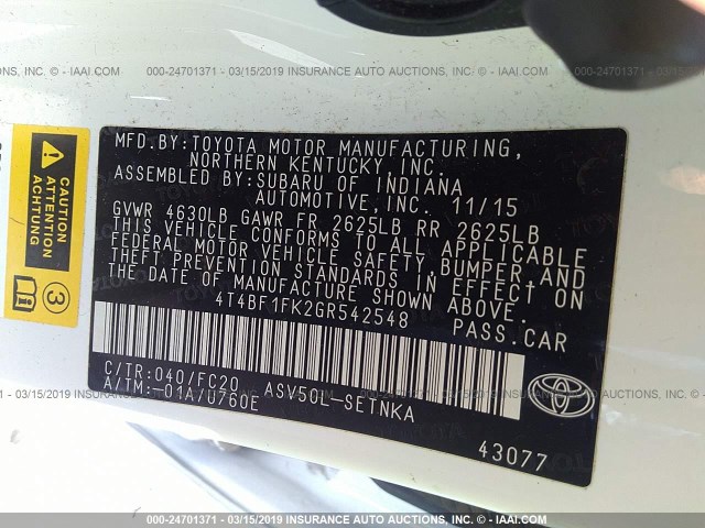 4T4BF1FK2GR542548 - 2016 TOYOTA CAMRY LE/XLE/SE/XSE WHITE photo 9