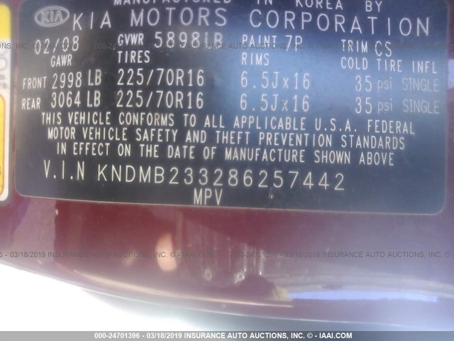 KNDMB233286257442 - 2008 KIA SEDONA EX/LX RED photo 9