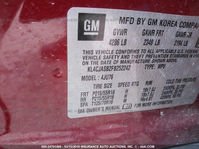 KL4CJASB2FB252242 - 2015 BUICK ENCORE RED photo 9