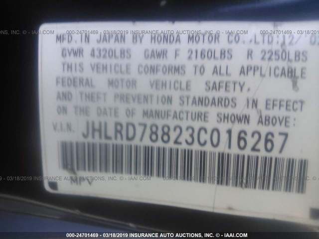 JHLRD78823C016267 - 2003 HONDA CR-V EX BLACK photo 9