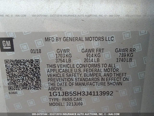 1G1JB5SH3J4113992 - 2018 CHEVROLET SONIC LS SILVER photo 9