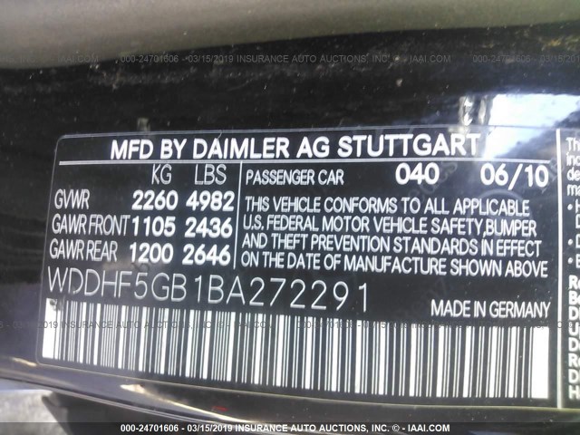 WDDHF5GB1BA272291 - 2011 MERCEDES-BENZ E 350 BLACK photo 9