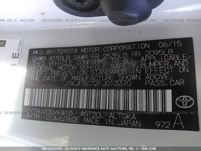 JTKJF5C72FJ013370 - 2015 TOYOTA SCION TC WHITE photo 9