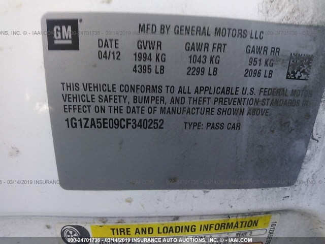 1G1ZA5E09CF340252 - 2012 CHEVROLET MALIBU LS WHITE photo 9