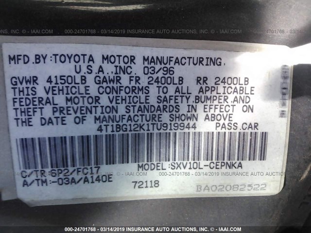 4T1BG12K1TU919944 - 1996 TOYOTA CAMRY DX/LE/XLE GREEN photo 9