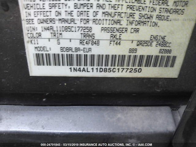 1N4AL11D85C177250 - 2005 NISSAN ALTIMA S/SL GRAY photo 9