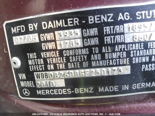 WDBDB26D8GF250173 - 1986 MERCEDES-BENZ 190 D 2.5 MAROON photo 9