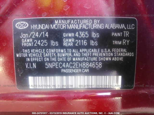 5NPEC4AC2EH884658 - 2014 HYUNDAI SONATA SE/LIMITED RED photo 9