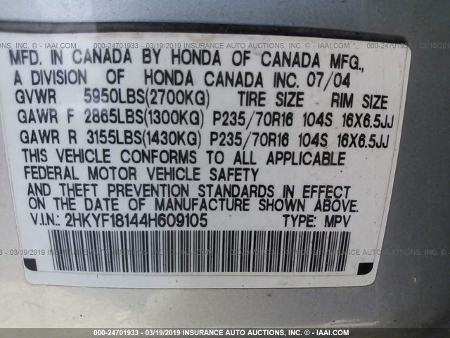 2HKYF18144H609105 - 2004 HONDA PILOT LX SILVER photo 9