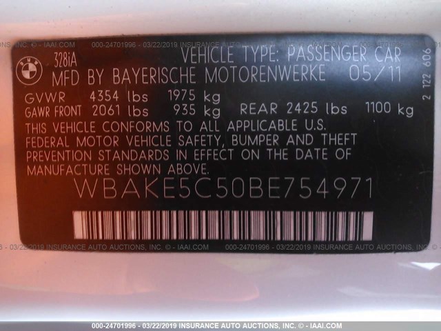 WBAKE5C50BE754971 - 2011 BMW 328 I SULEV WHITE photo 9