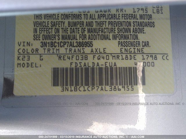 3N1BC1CP7AL386955 - 2010 NISSAN VERSA S/SL SILVER photo 9