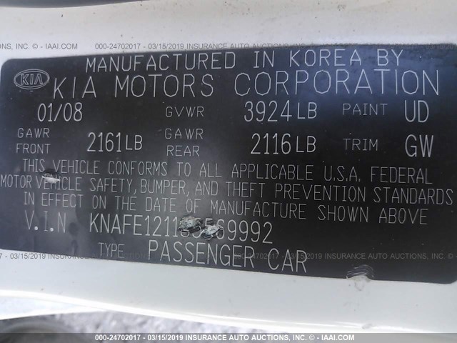 KNAFE121185569992 - 2008 KIA SPECTRA EX/LX/SX WHITE photo 9