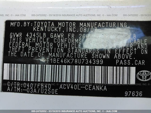 4T1BE46K78U734399 - 2008 TOYOTA CAMRY CE/LE/XLE/SE WHITE photo 9