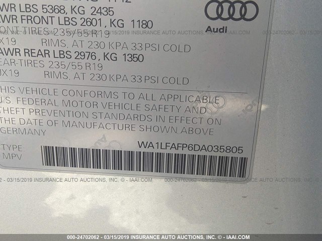 WA1LFAFP6DA035805 - 2013 AUDI Q5 PREMIUM PLUS SILVER photo 9