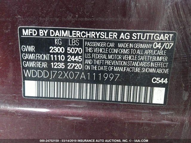 WDDDJ72X07A111997 - 2007 MERCEDES-BENZ CLS 550 BURGUNDY photo 9