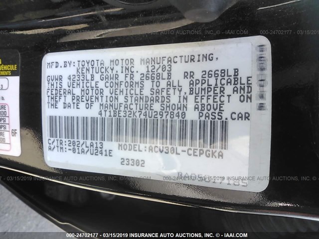 4T1BE32K74U297840 - 2004 TOYOTA CAMRY LE/XLE/SE BLACK photo 9