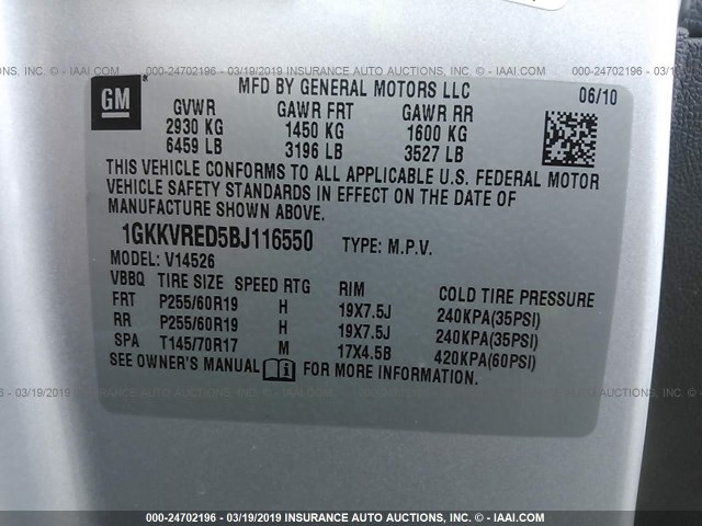 1GKKVRED5BJ116550 - 2011 GMC ACADIA SLT-1 SILVER photo 9