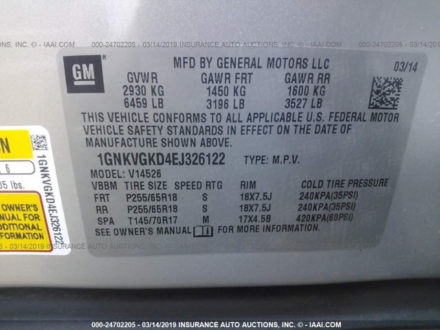 1GNKVGKD4EJ326122 - 2014 CHEVROLET TRAVERSE LT SILVER photo 9