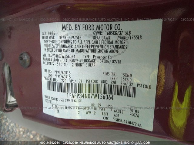 1FAFP34N07W156064 - 2007 FORD FOCUS ZX4/S/SE/SES RED photo 9