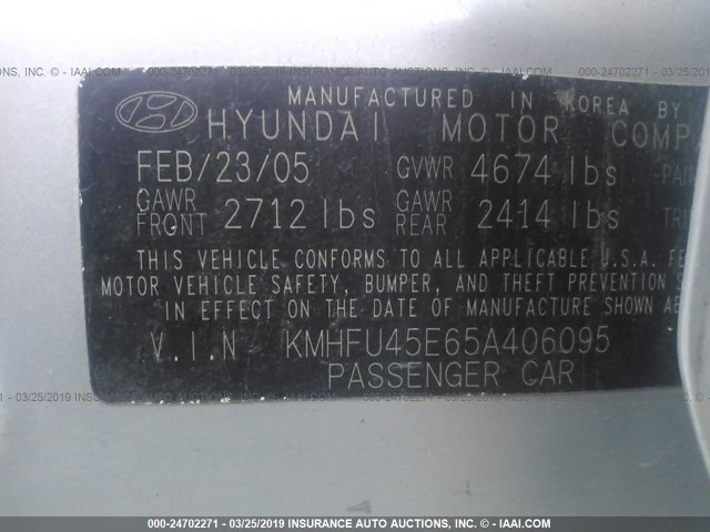 KMHFU45E65A406095 - 2005 HYUNDAI XG 350 SILVER photo 9