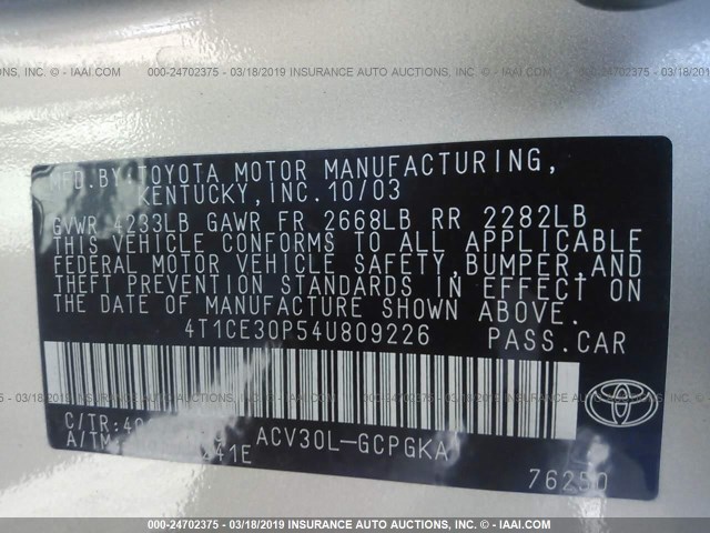 4T1CE30P54U809226 - 2004 TOYOTA CAMRY SOLARA SE/SLE Champagne photo 9