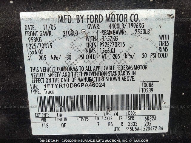 1FTYR10D96PA46024 - 2006 FORD RANGER BLACK photo 9