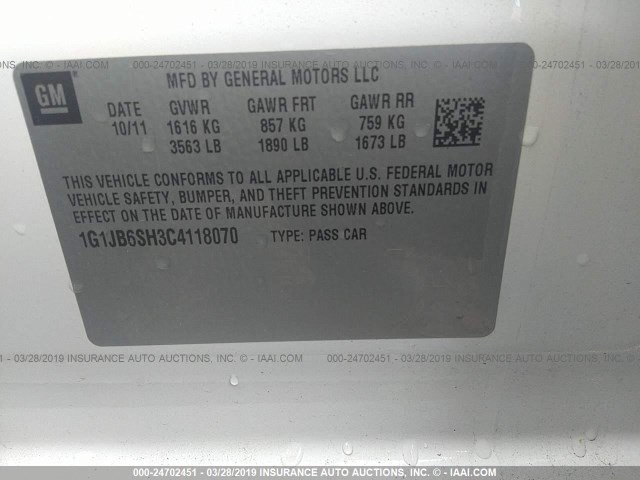 1G1JB6SH3C4118070 - 2012 CHEVROLET SONIC LS WHITE photo 9