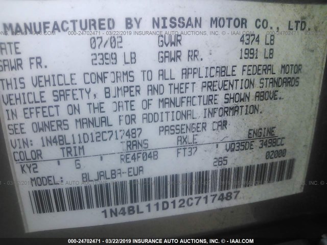 1N4BL11D12C717487 - 2002 NISSAN ALTIMA SE GRAY photo 9