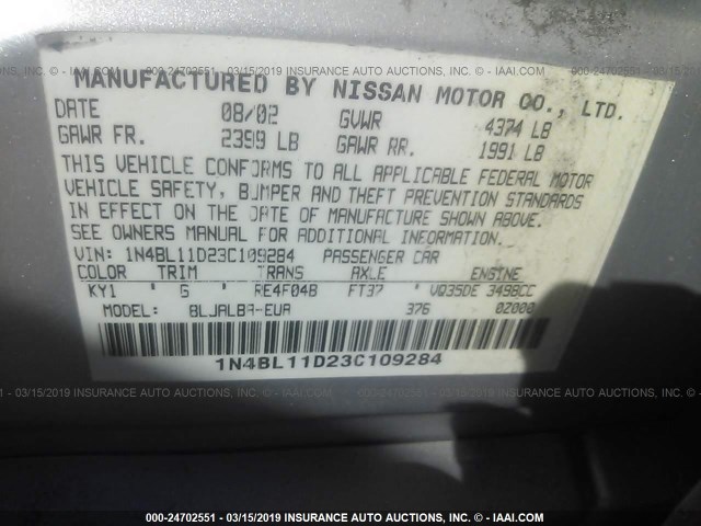 1N4BL11D23C109284 - 2003 NISSAN ALTIMA SE SILVER photo 9