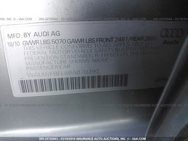 WAUWFBFL6BA070392 - 2011 AUDI A4 PREMIUM PLUS GRAY photo 9