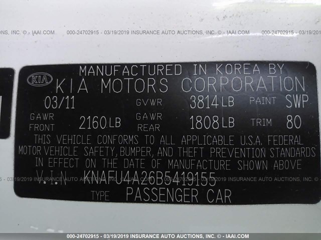 KNAFU4A26B5419155 - 2011 KIA FORTE EX WHITE photo 9